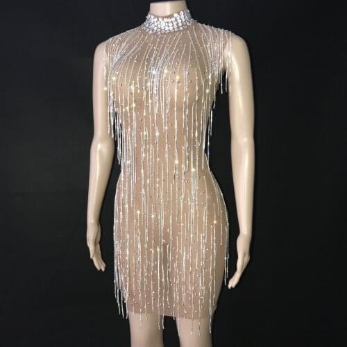 Glisten Silver Rhinestone Fringe Sexy Transparent Dress Birthday Prom Evening Outfit Mesh Chains Dance Short Dress