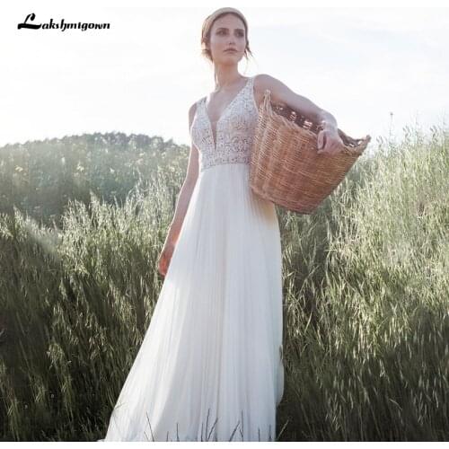 Bohemian Wedding Dresses 2021 V Neck A Line Lace Boho Wedding Gowns Plus Size Beach Chiffon Bridal Gowns Robe Lakshmigown
