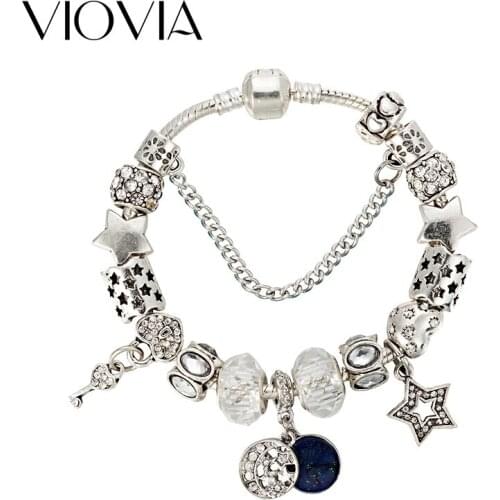 VIOVIA Crystal Star Charm Bracelets & Bangles Key Bead Silver Color Bracelets For Women Jewellery Pulseira Feminina B17050