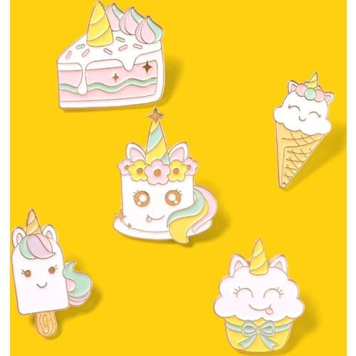 Dessert Cake Enamel Pins Ice Cream Chromatic Color Horse Horn Custom Brooches Decoration Backpack Badge Gift for Kids