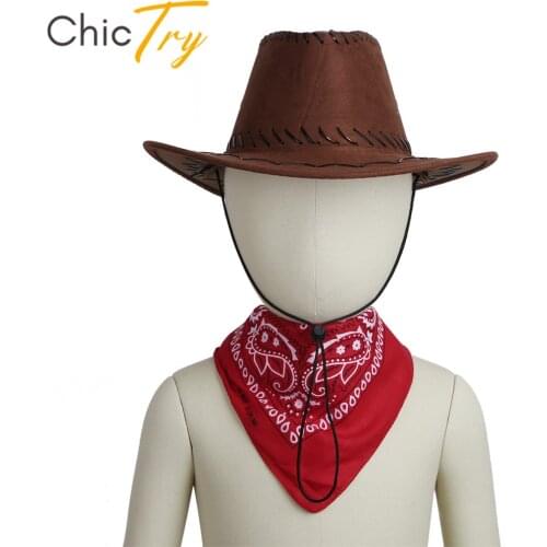 ChicTry Kids Halloween Roleplay Party Costume Accessories Western Cowboy Felt Drawstring Hat with Bandanna Set for Boys Girls