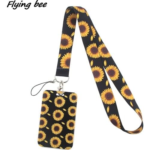 Flyingbee Black Neck Straps Sunflower Fashion Lanyards ID Badge Holder Bus Pass Case Cover Slip Bank Credit Card Holder X1498