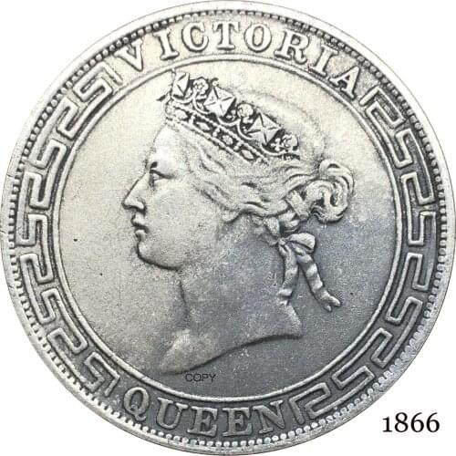 China Hong Kong Coins 1866 1/2 Half Dollar Victoria Queen Crowend Bust Facing Left Cupronickel plated Silver Copy Coin