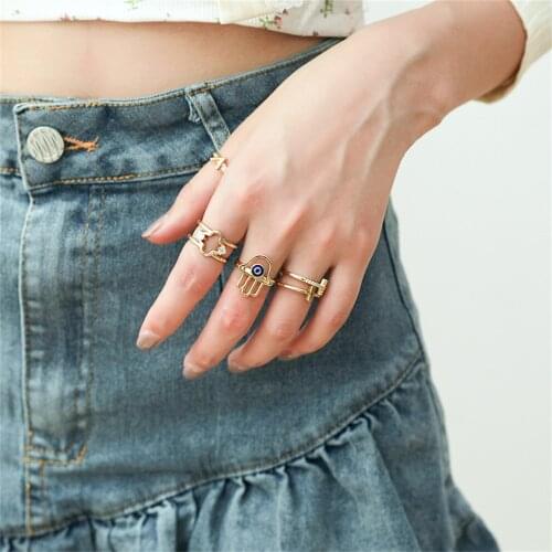 Adjustable Black Evil Eye Ring For Women Lucky Jewelry Gold Color Hollow Hand of Fatima Hamsa Ring Birthday Party Gift