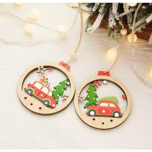 Round Wooden Painted Colorful Car Tree Christmas Pendant Ornaments Decor for Home Kid Toys Gift Xmas New Year Party Deco Navidad