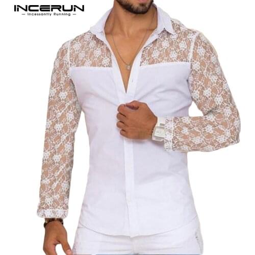 INCERUN Fashion Men Shirt Lace Patchwork 2021 Lapel Long Sleeve Streetwear See Through Men Clothing Sexy Party Nightclub Camisas