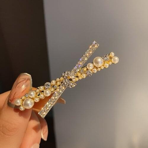 MOGAKU New Fashion Cross Side Hair Clips Women Elegant Pearl Crystal Barrette Girls Rhinestone Temperament Hairpin Trend Jewelry