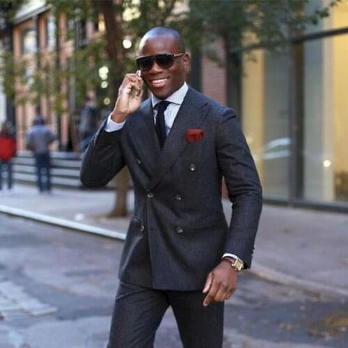 ANNIEBRITNEY Double Breasted Dark Grey 2 Piece Slim Men Formal Suit Groom Wedding Tuxedo Custom Prom Wedding Business Men Suit