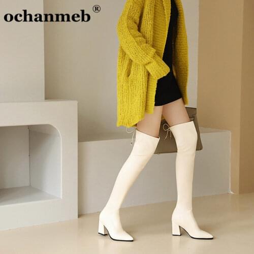 Ochanmeb large size 46 ladies PU leather over the knee boots silver shoes women winter block heel thigh boots black beige brown
