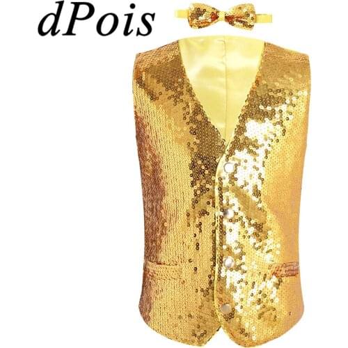Boys Sequins Vests Dancewear Gentleman Bowtie Shiny Sequined Waistcoat Childrens Performance Jazz Dance Costume Kids Slim Vest