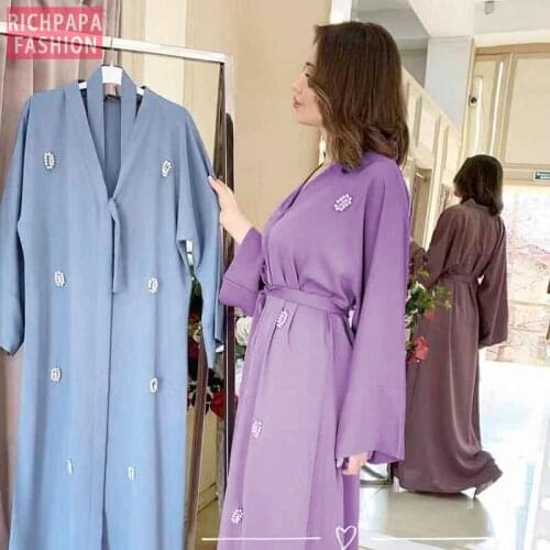 Open Abaya Kimono Dubai Kaftan Turkish Islam Long Sleeve Pearls Hijab Muslim Dress Abayas For Women Robe Caftan Islamic Clothing