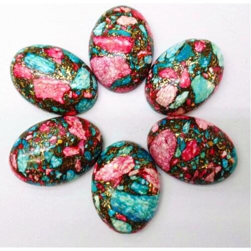 6Pcs 25x18x7mm Blue And Rose Gold Sea Sediment Jasper & Pyrite Oval Cab Cabochon DIY Jewelry Making Accessories M328