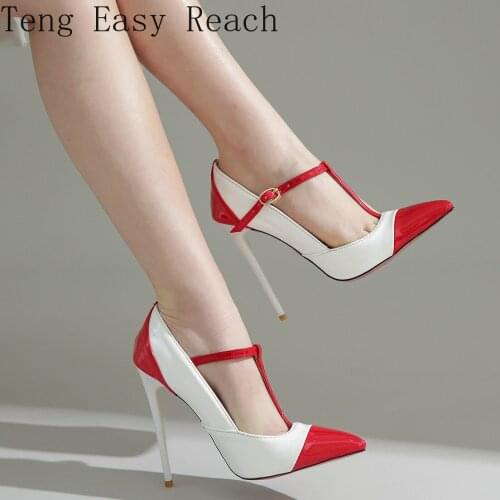 Sexy Thin High Heel Women Summer T-Strap Shoes Fashion Buckle Mixed Colors Pumps Ladies Pointed Toe Party Autumn Spring Shoes