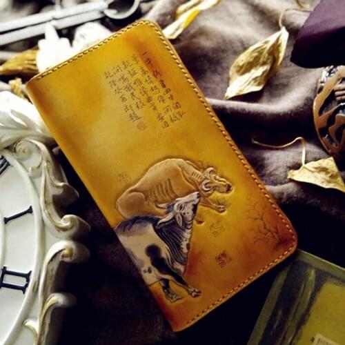 Handmade Five Oxen Wallets Antique Ink Painting Purses Women Men Long Clutch Vegetable Tanned Leather Wallet Card Holder