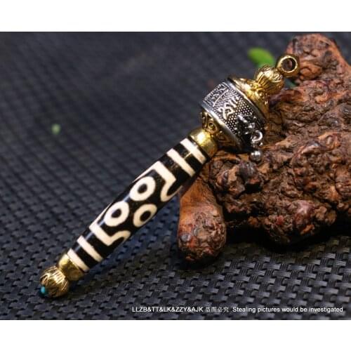 Unique Design Magic Power Tibetan Old Agate 7 Eye 4 Line Inlaid Bronze Silver 6 OM Words Prayer Wheel dZi Bead Pendant