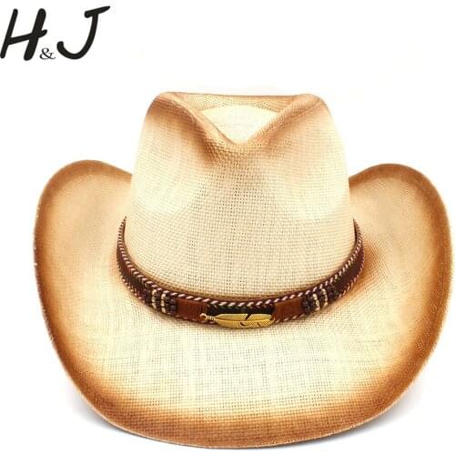Women Men Straw Western Cowboy Hat With Bohemian Leaves Band For Lady Dad Handmade Weave Hombre Cowgirl Jazz Caps Size 58CM
