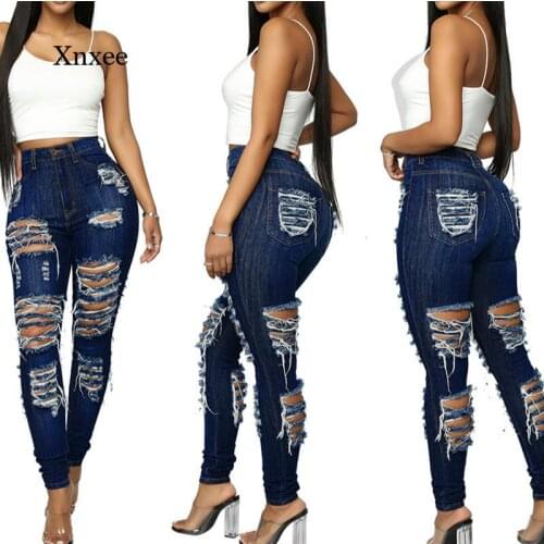 2021 Fashion Jeans Womens Retro Solid Color Sexy Ripped Tassel Jeans Ripped Pencil Pants Street Tight High Waist Pencil Pants