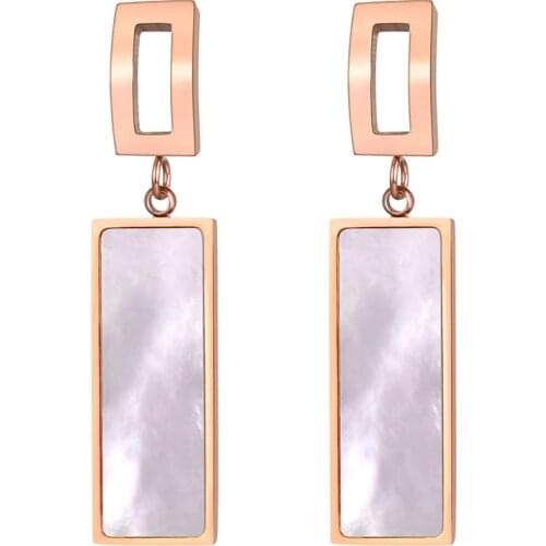 Trendy White Shell Rectangular Titanium Stainless Steel Stud Earrings Rose Gold Handmade Ear Jewelry For Women E19142