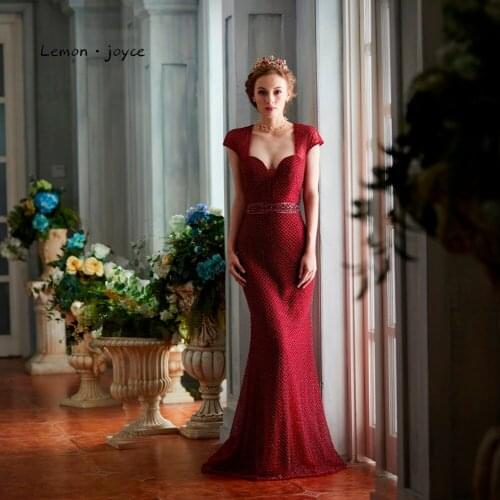 Lemon joyce Mermaid Evening Dress Long 2020 Wine Tulle With Beaded Cap Sleeve Backless Floor Length Formal Woman Dress Plus Size