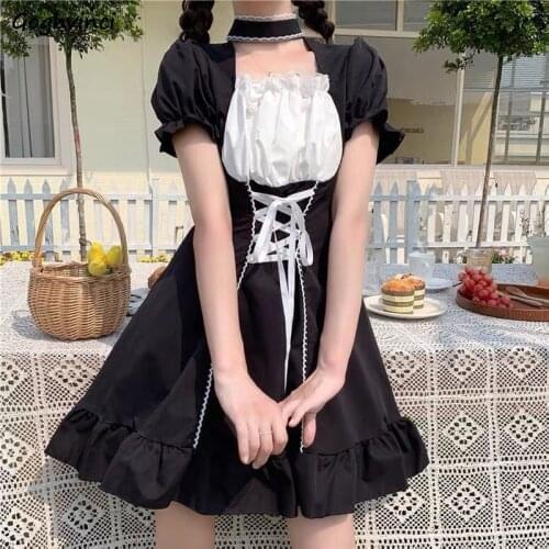 Short Sleeve Dresses Women Cute Japanese Style Lolita Bandage Sweet Girl Kawaii Designer Party Streetwear Chic Female Patchwork