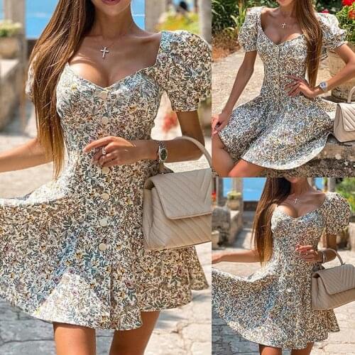 Dress Women Robe Femme Summer Print A-Line Dresses Single-Breasted Short Sleeve Dress For Womens Clothing 2021 Vestido De Mujer