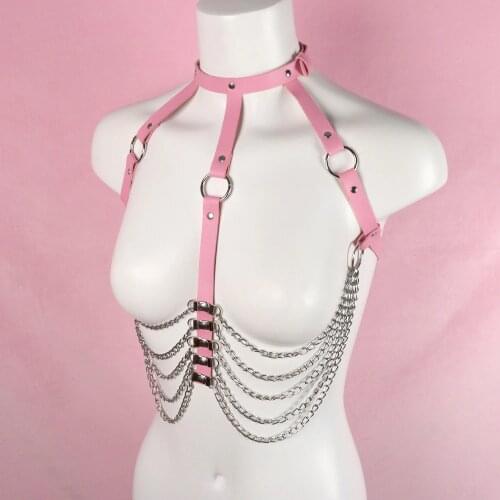 Leather Harness Women Pink Body Bondage Cage Straps Suspenders Metal Chain Tassel Sexy Lingerie Summer Festival Clothes Jewelry