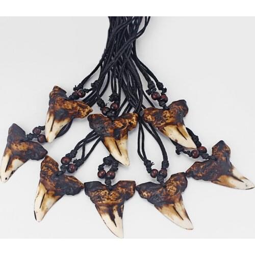 12pcs Yak Bone Brown Shark Tooth Teeth Pendant Neckalce Black Wax Cotton Cord Faux