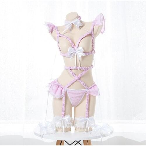 Lolita Girls Hollow Out Bandage Lace Plaid Lingerie Blue Pink White Garter Belt Stockings Anime Cosplay Nightwear Underwear Set
