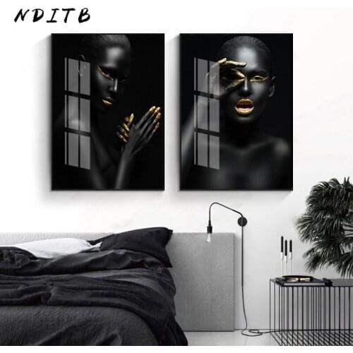 Sexy Black Woman Canvas Wall Art Painting Nordic Fashion Poster Modern Salon Picture Golden Lips Print Living Room Decoration