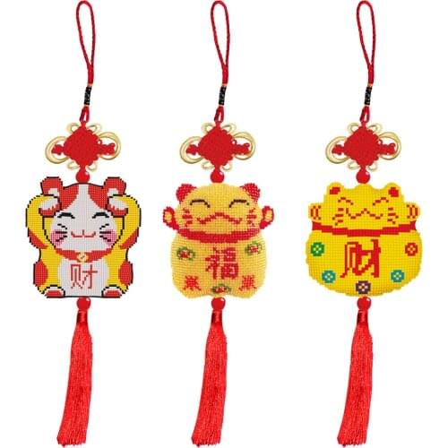 Tassel Stamped Bead Cross Stitch Car Pendant Chinese Knot DIY Lucky Cat Kit Handmade Cross Stitch Embroidery Kit Keychain