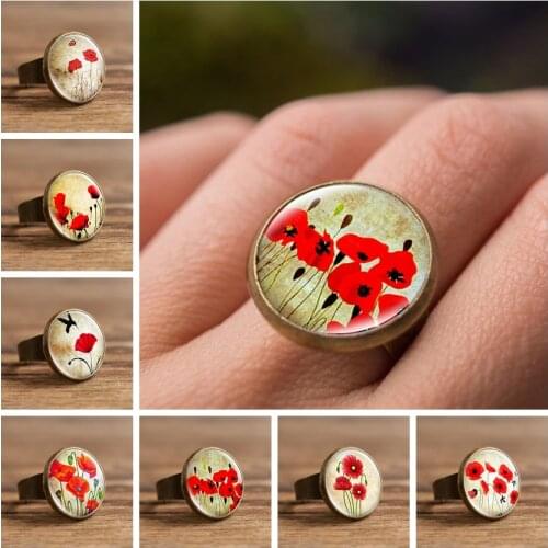 2019 New Style Red Poppy Ring Field of Poppies Flower Art Picture Glass Dome Jewelry Beautiful Flowers Handmade Jewelry Rings