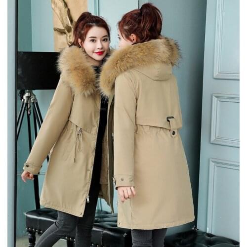 2021 New Winter Jacket Women Fashion Parka Women Large Wool Collar Zipper Pocket Mid-length Casual Jacket Denim Fabric