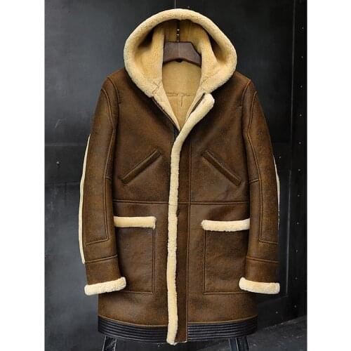 2019 New Mens Shearling Jacket Sheepskin Coat Hooded Leather Jacket Fur Coat Mens Winter Coats Long Fur Jacket