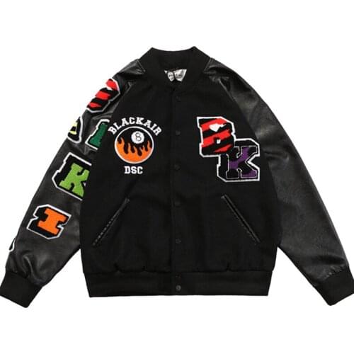 Men Fun Letters Embroidery Varsity Jackets Couple Gothic Hip Hop PU Leather Stitching Contrast Neutral Daily Baseball Uniform