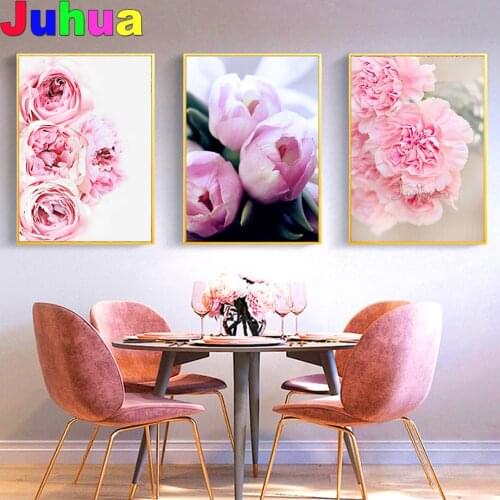 Full square round Diamond Painting 3 Pieces Pink Tulip DIY diamond Embroidery diamond Mosaic Flowers picture of Rhinestones