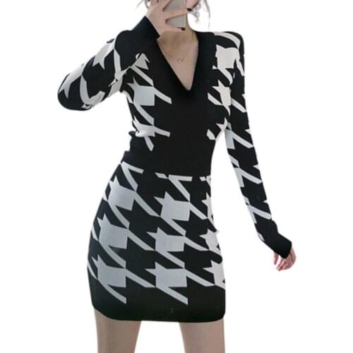 Dresses for women 2021 Autumn Winter Mini Bodycon Dress Black Bird Lattice V-neck Sexy Evening Vestidos Casual Gothic Lolita