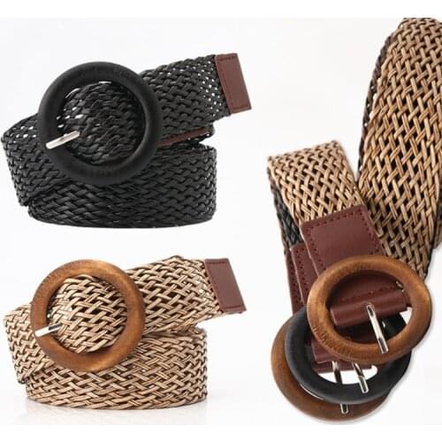 2020 Vintage Bohemian Elastic Braided Women Belt Fashion Female Summer Dress Jeans Wide Straw Wood Buckle Boho Belts