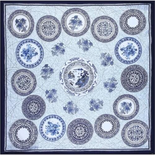 Luxury Brand New Scarf Retro Porcelain Design 90cm Square Silk Scarf Women Square Scarves For Ladies Shawl Hijab