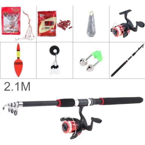 2.1m Fishing Rod Reel Line Combo Spinning Reel Pole Set with Carp Fishing Lures Fishing Float Hooks Beads Bell Lead weight