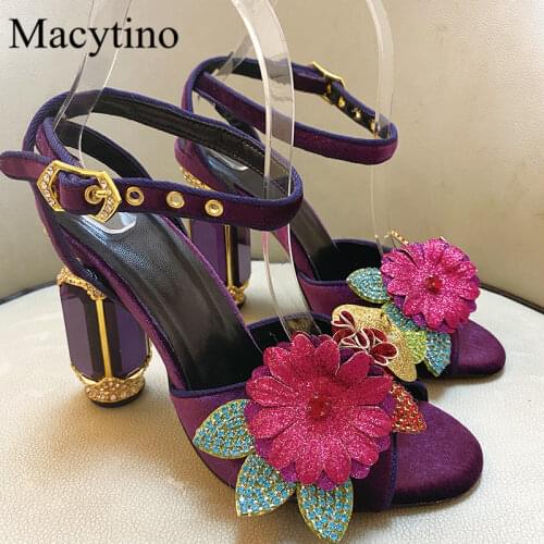 Flower decoration ladies high heel sandals glass heel flower decoration thick heel high heel sandals fashion party sandals