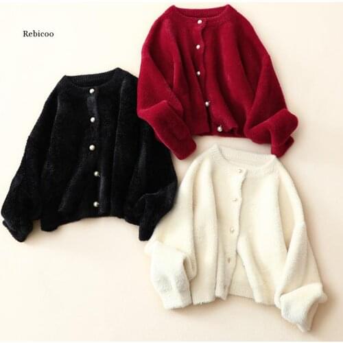 Women Fall Cardigans Fake Fur Short Sweater and Long Sleeve Short Crop Cardigans Mohair White Knitting Jacket