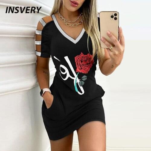 2021 Elegant Rose Print Pocket Mini Dress Women Summer Casual O-Neck Short Sleeve Party Dress Lady Sexy Hollow Out Dress Vestido
