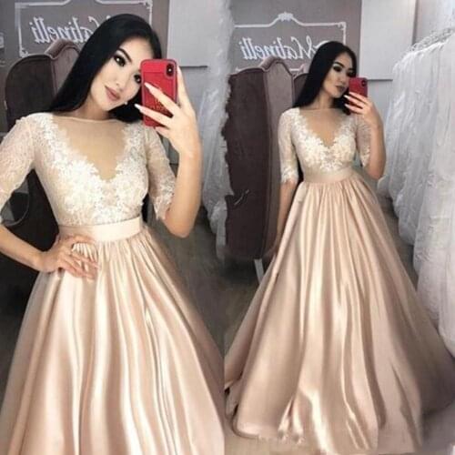 2021 Sheer Jewel Neck Prom Long Sleeves Lace A Line Applique Party Gowns Fashion Satin Evening Formal Dresses robes de cocktail