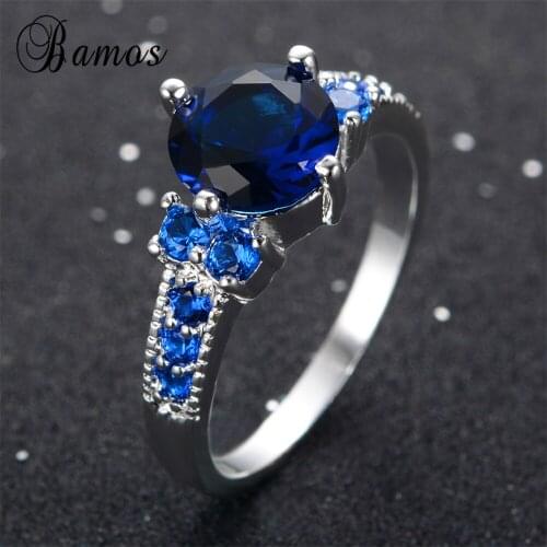 Bamos Fashion Female Blue Round Ring Silver Color Jewelry Vintage Wedding Rings For Women Birth Stone Gift