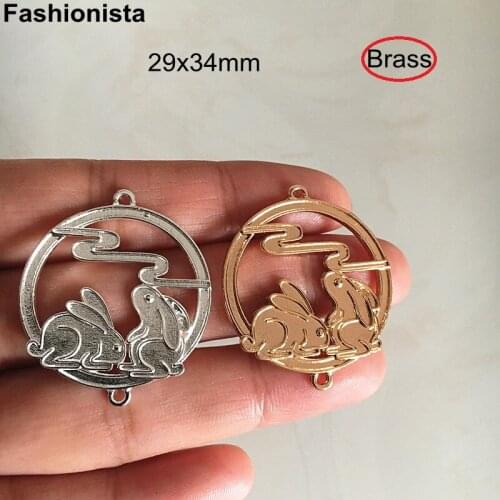 10 pcs - Brass Round Charm Connectors 29x34mm Lucky Clouds and Rabbits in Moon Chinese Folktale Gold Silver-color -M
