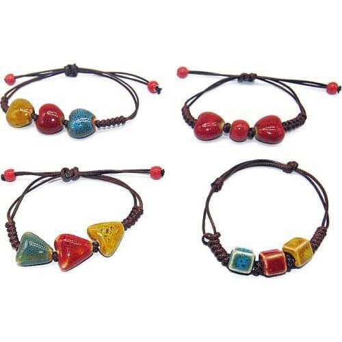8PCS Cute Girls Good Lucky Chinese Style Square Ceramics Beads Braided Bracelet Women Female Heart Jewelry Friends Party Gift