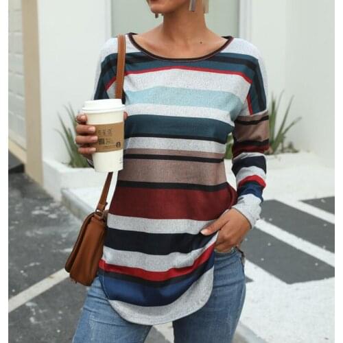 Color striped round neck long-sleeved T-shirt top female casual rainbow strip pullover top spring autumn shirt womens