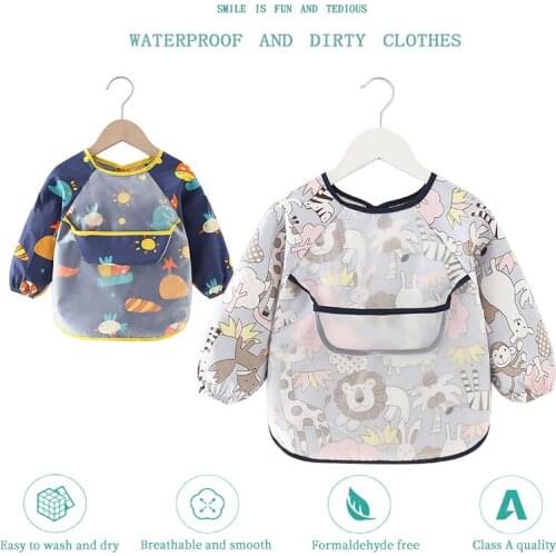Cartoon Rabbit Baby Bibs Waterproof Drawing Children Long Sleeve Apron For Girl Boy Bibs Cute Car Lion Baby Self Feeding Stuff