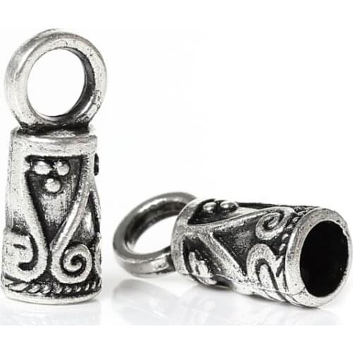 DoreenBeads Necklace Cord End Tip Beads Caps W/Loop Silver Color Flower Pattern Carved 14mm x 5mm,200PCs