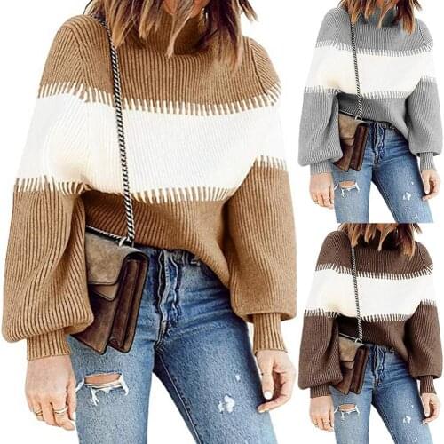 Ele-choices Women Autumn Turtle Neck Long Puff Sleeve Color Block Pullover Sweater Knitwear for Autumn Winter